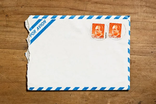 Old Open Air Mail Envelope Wooden Table —  Fotos de Stock