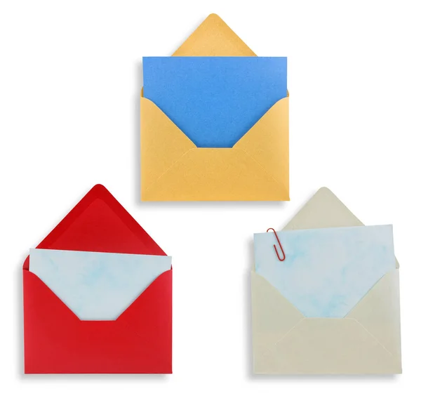 Geassorteerde Open Enveloppen Geïsoleerd Witte Achtergrond Pad Voorzien — Stockfoto