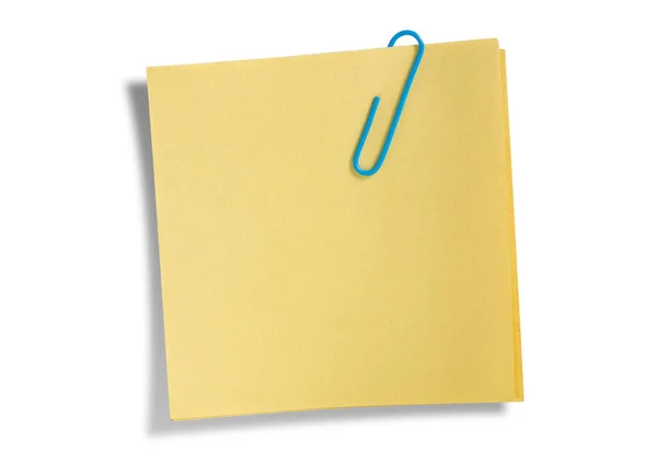 Κίτρινη Σημείωση Υπόλοιπο Απομονώνονται Λευκό Φόντο Μπλε Κλιπ — Φωτογραφία Αρχείου