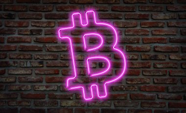 Parlayan neon bitcoin Tuğla duvarda şarkı söylüyor.
