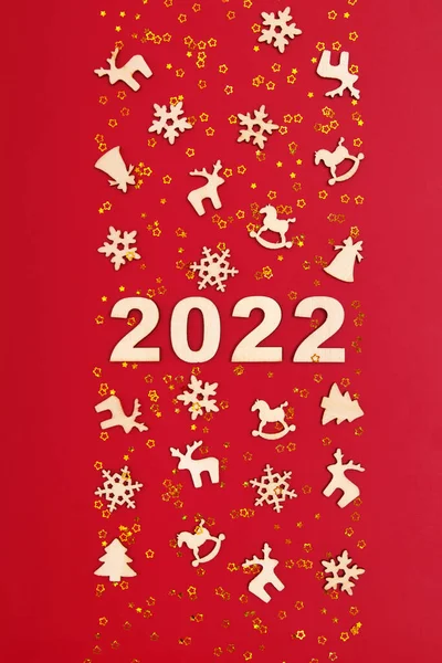 Ευτυχισμένο Νέο Έτος 2022 Αριθμούς Κόκκινο Φόντο Χρυσά Αστέρια Και — Φωτογραφία Αρχείου