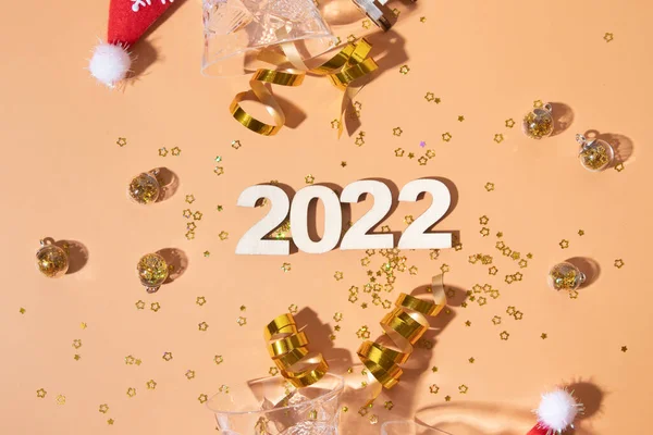 Святкова Щаслива Новорічна Квартира Номерами 2022 Твердими Тінями Блискучим Декором — стокове фото