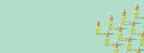 Banner Met Druppelflesjes Patroon Cosmetische Olie Serum Met Pipet Mint — Stockfoto
