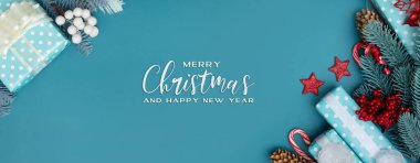 # Mutlu Noeller # # Düz bir Noel hediyesi, böğürtlen ve turkuaz arka planda bir çam #
