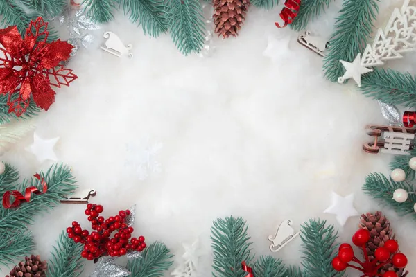 Frame Made Christmas Decorations Flat Lay Snowy Background Copy Space — Stock Photo, Image