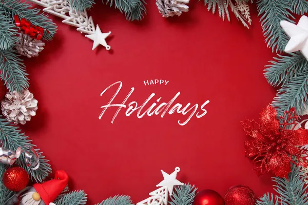 Happy Holydays Text Frame Made Christmas Decorations Red Background Vertical — Stock Photo, Image