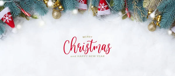 Banner Boldog Karácsonyi Szöveg Fenyő Ágak Karácsonyi Dekorációk Lakás Feküdt — Stock Fotó