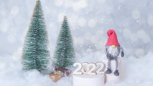 Nieuwjaar 2022 Geanimeerde Achtergrond Met Vliegende Sneeuw Een Besneeuwde Achtergrond — Stockvideo