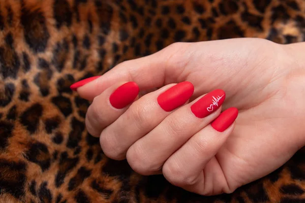 Red Matte Manicure Female Hands Valentine Day — Stockfoto