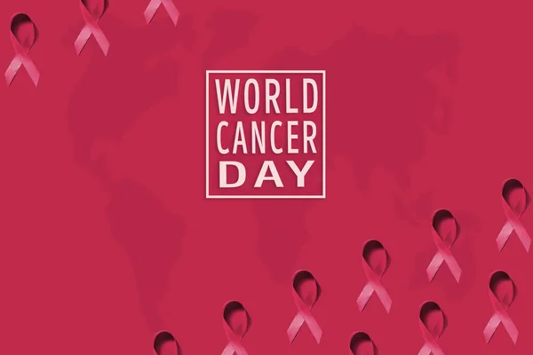 Red ribbons pattern on purple background symbol 4 february World Cancer Day — Stock Photo, Image