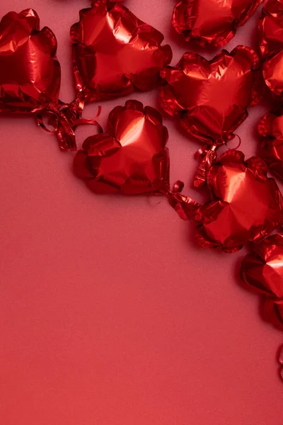 Foil Balloons Shape Heart Red Background Top View Copy Space — Stock Fotó