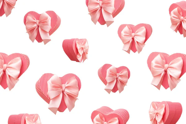 Pattern Flying Pink Heart Shaped Gift Boxes Isolated White Background — Stockfoto