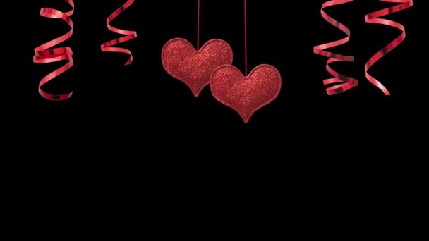 Bewegende rote Herzen und spiralförmige Luftschlangen als Dekoration. 4K-Animation für Happy Valentines Day. — Stockvideo