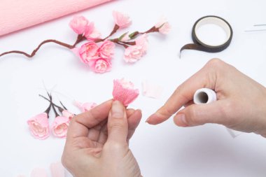 Bükülmüş kağıttan sakura çiçekleri olan bir bahar dalı oluşturuluyor. DIY Master sınıfı.