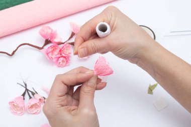 Bükülmüş kağıttan sakura çiçekleri olan bir bahar dalı oluşturuluyor. DIY Master sınıfı.