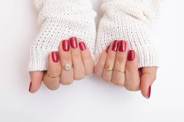 Gel Polish Manicure Red Color Sparkles Female Hands Rings Sweater — Stock Photo, Image