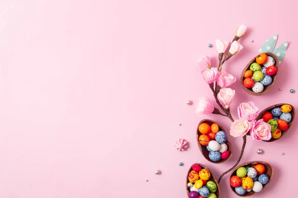 Huevos Pascua Chocolate Decoración Puesta Plana Para Los Niños Concepto — Foto de Stock