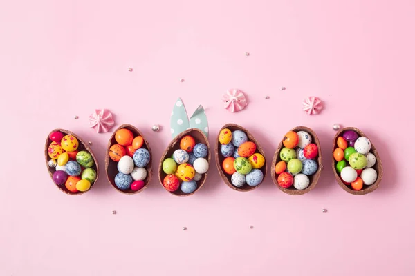 Chocolate Easter Eggs Decor Flat Lay Kids Easter Hunt Egg — Stock Photo, Image