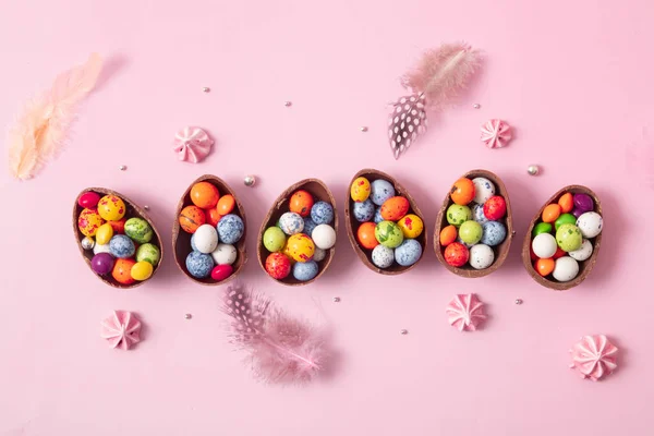 Chocolate Easter Eggs Decor Flat Lay Kids Easter Hunt Egg — Stock Photo, Image