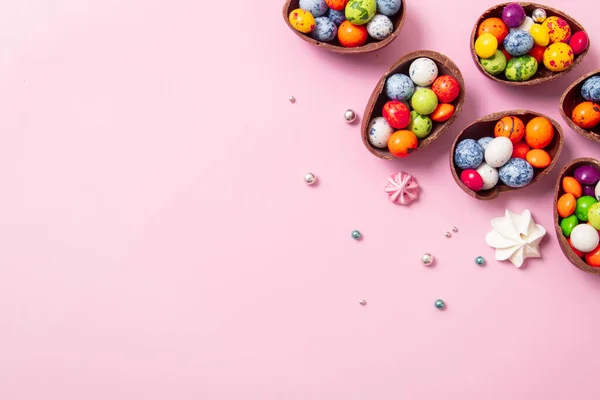 Chocolade Paaseieren Decor Plat Leggen Voor Kinderen Paaseieren Jacht Concept — Stockfoto