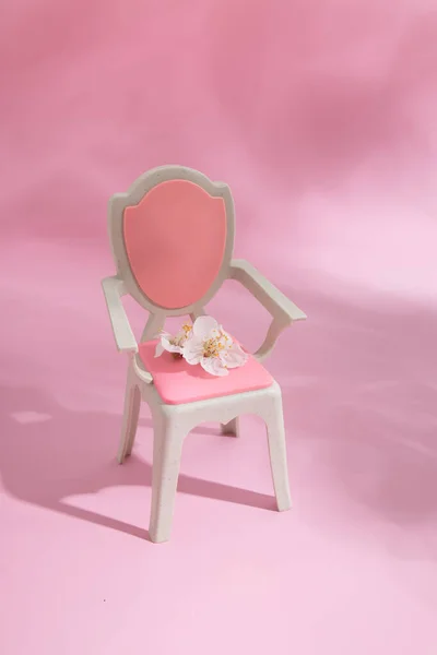 Abstrakcyjny Skład Wiosna Martwa Natura Kukiełka Krzesło Białym Kwiatem Różowym — Zdjęcie stockowe