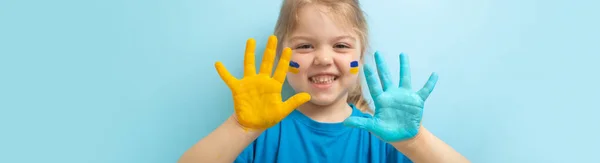 Banner Yellow Blue Paint Childrens Palms Ukrainian Flag Symbols Concept — стоковое фото