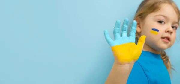 Yellow Blue Paint Hand Little Girl Ukrainian Flag Symbols Concept — Stock Fotó