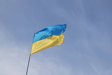 Ukrayna 'nın sarı ve mavi bayrağı rüzgarda gökyüzüne karşı yükseliyor.
