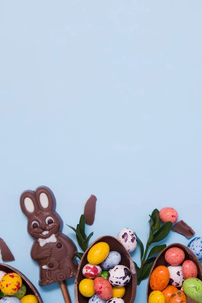 Flat Lay Easter Hunt Sweets Concept Chocolate Bunny Eggs Blue — Stock Photo, Image