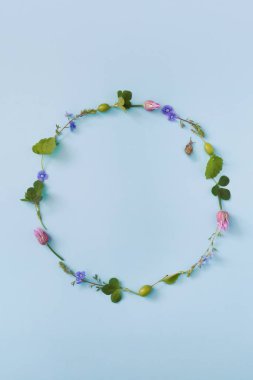 Mavi arka planda fotokopi alanı olan yuvarlak bir çerçeve. Yaz ya da bahar çiçekli arka plan.