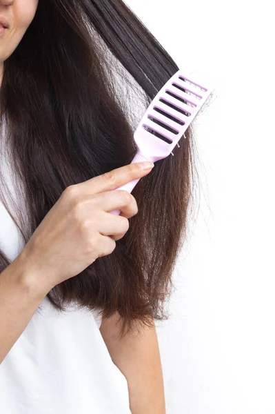 Young Woman Long Hair Pipette Her Hand Hair Treatment Care — Zdjęcie stockowe