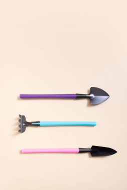 Bahçe işleri için kürek ve tırmıklar. Düz yat. Bahar ekimi kavramı.