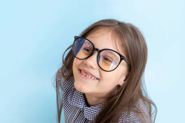 Cheerful Year Old Girl Glasses Smile Blue Background Children Education — ストック写真