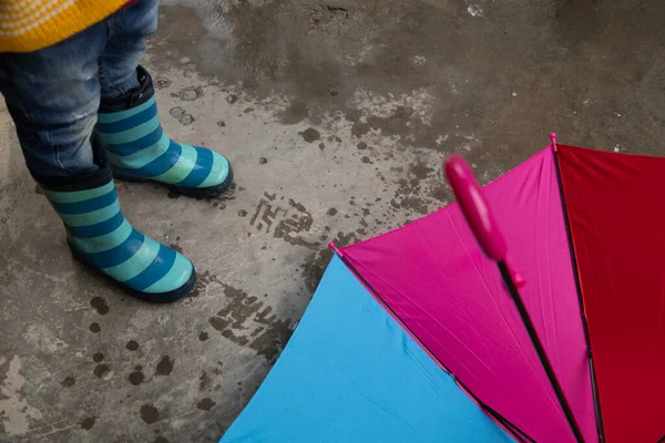 Ноги в резиновых сапогах и цветной зонтик. Концепция дождливой погоды — стоковое фото