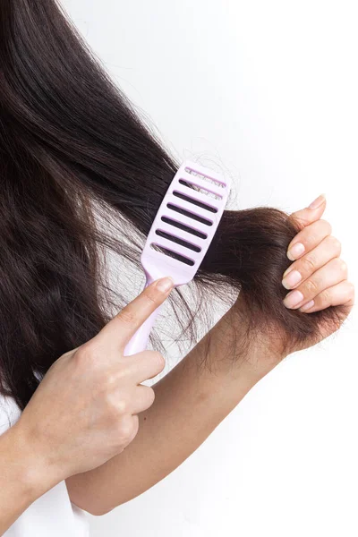 Young Woman Long Hair Pipette Her Hand Hair Treatment Care — Zdjęcie stockowe