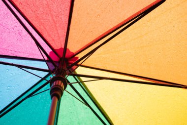 Renkli bir şemsiye üzerine yağmur damlaları. Yağmurlu hava konsepti.