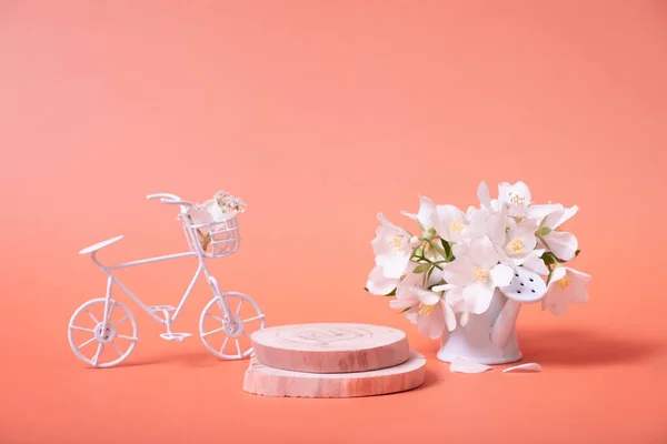 Natuurlijke Houten Schoonheid Sokkel Lege Cosmetica Podia Voor Product Roze — Stockfoto
