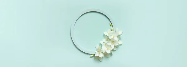Beautiful flowers banner composition. White jasmine flowers, empty round frame for text on pastel green background. Wedding. Birthday. Valentines Day. Mother\'s day. Flat lay, top view, copy space.
