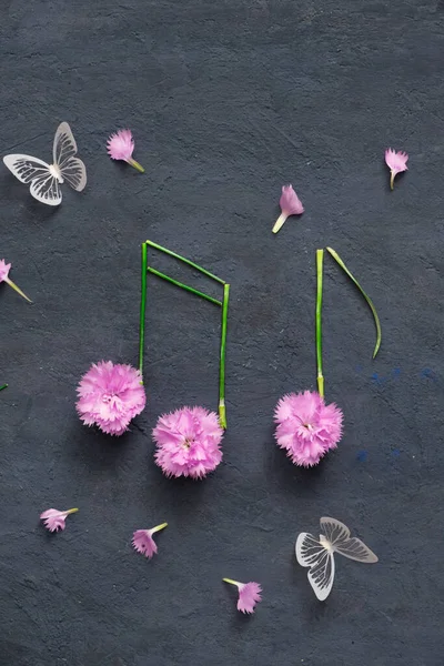 Kelebekli, karanlık taştan bir arka planda çiçek ve saplar. Müzikal yaz soyutlaması üst görünümü.