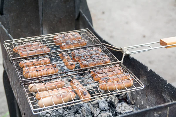 Grilled Sausages Summer Campfire Rest — Stock Photo, Image