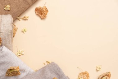 Samimi örgü kazaklardan ve bej arka planda kuru sonbahar yapraklarından yapılmış bir çerçeve. Kopyalama alanı ile sıcak kavram.