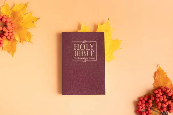 Holy Bible Autumn Yellow Leaf Orange Background Top View — Foto Stock