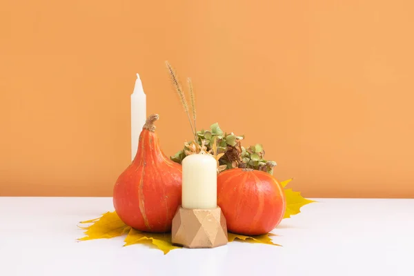Autumn Creative Composition Dried Leaves Wreath Pumpkins Candle White Orange — Stockfoto