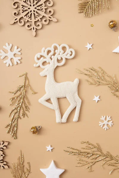 Deer Christmas Decoration Pastel Beige Background Holiday Present Concept Top — Foto Stock