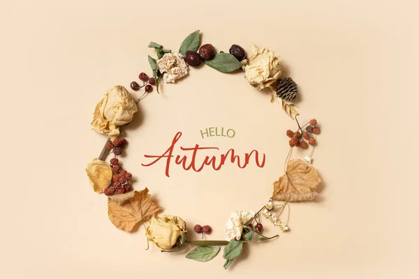 Autumn Composition Hello Autumn Text Wreath Made Dried Leaves Flowers — Zdjęcie stockowe