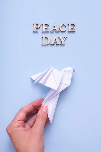 Peace day text from wooden letters with white paper dove in female hand on blue background. International Peace day concept. Vertical photo.