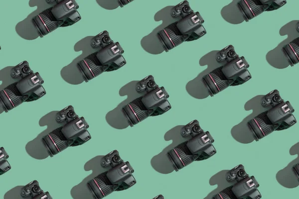 Pattern Many Cameras Green Color Background World Photography Day Concept — Fotografia de Stock
