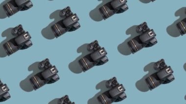 SLR photo video camera moving pattern with hard shadows. World photographer day concept creative video. High quality 4k footage
