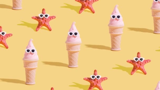 Sea Star Ice Cream Sunglasses Moving Pattern Creative Video Summer — Stock Video