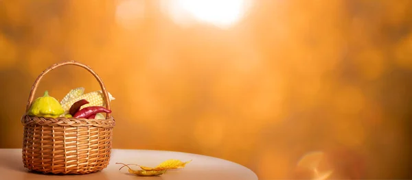 Autumn banner with still life composition made from basket and vegetables, autumn fall leaf on background with sunlight and bokeh. Copy space.